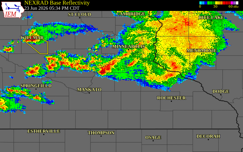 NEXRAD radar during the Tuesday, June 23, 2026 storm activity in Rice County, Minnesota