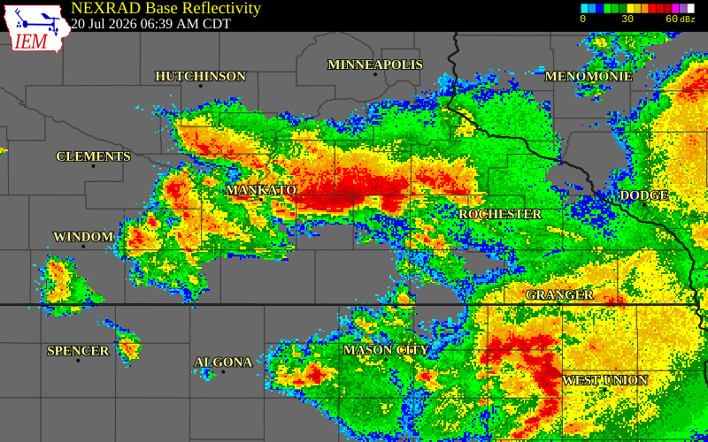 NEXRAD radar during the Monday, July 20, 2026 storm activity in Rice County, Minnesota