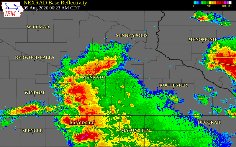 NEXRAD radar during the Sunday, August 9, 2026 storm activity in Rice County, Minnesota