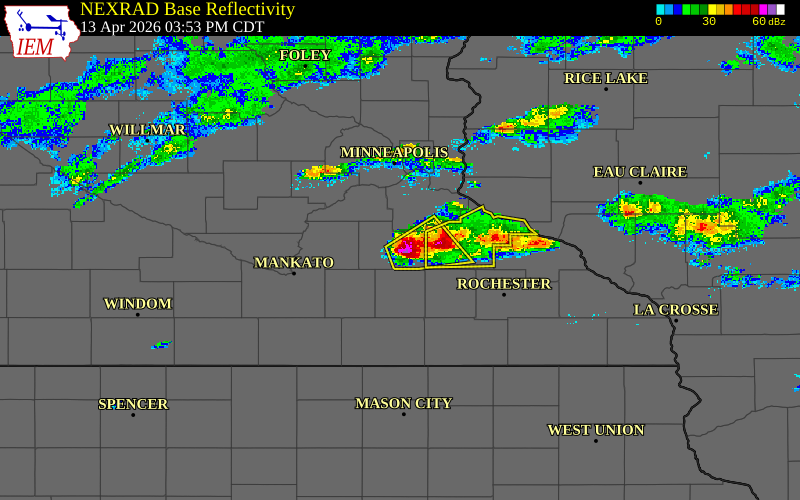 Radar snapshot during the Apr 13, 2026 hail event near 4 NNE Faribault, Rice County, Minnesota, with NWS warning polygons