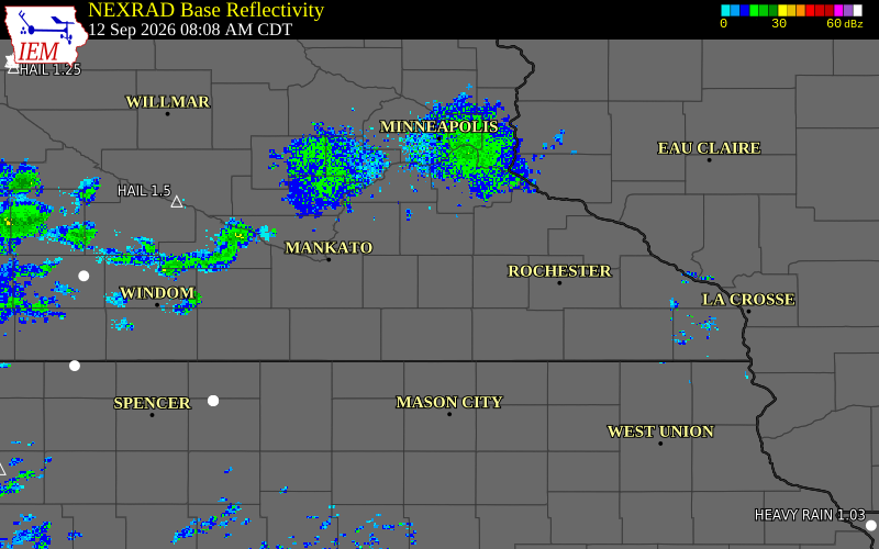 Current NEXRAD radar over Rice County, Minnesota with recent storm report locations