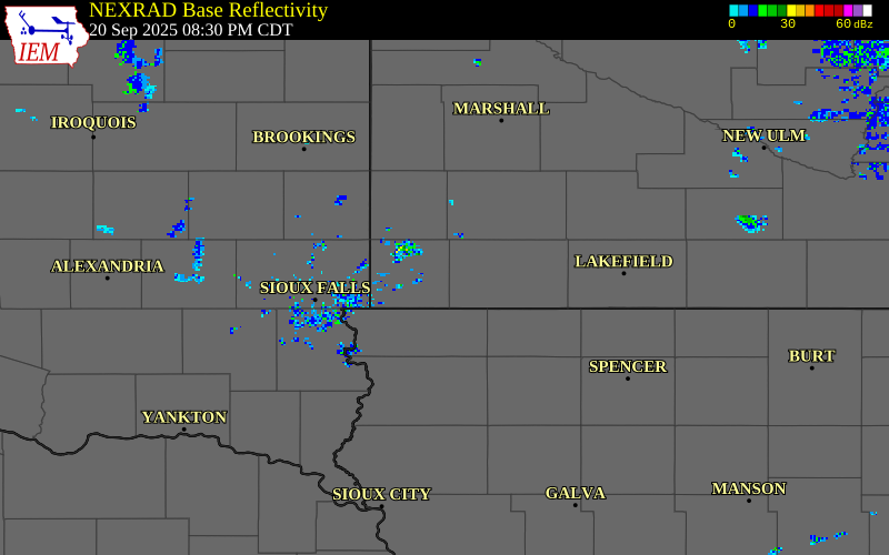 NEXRAD radar during the Saturday, September 20, 2025 storm activity in Rock County, Minnesota