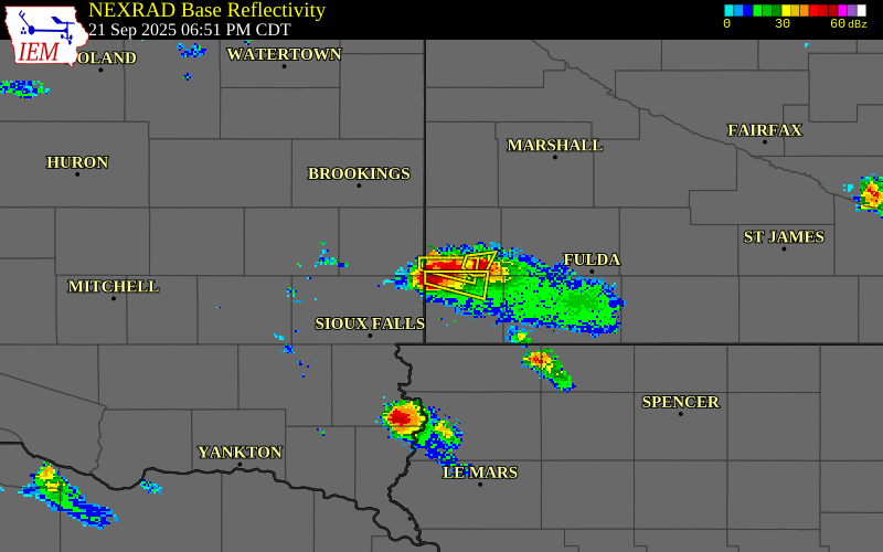 NEXRAD radar during the Sunday, September 21, 2025 storm activity in Rock County, Minnesota