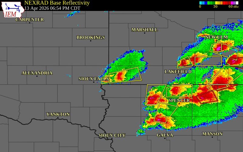 NEXRAD radar during the Monday, April 13, 2026 storm activity in Rock County, Minnesota