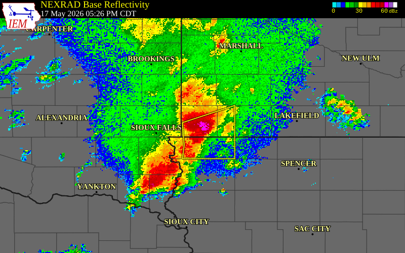 NEXRAD radar during the Sunday, May 17, 2026 storm activity in Rock County, Minnesota