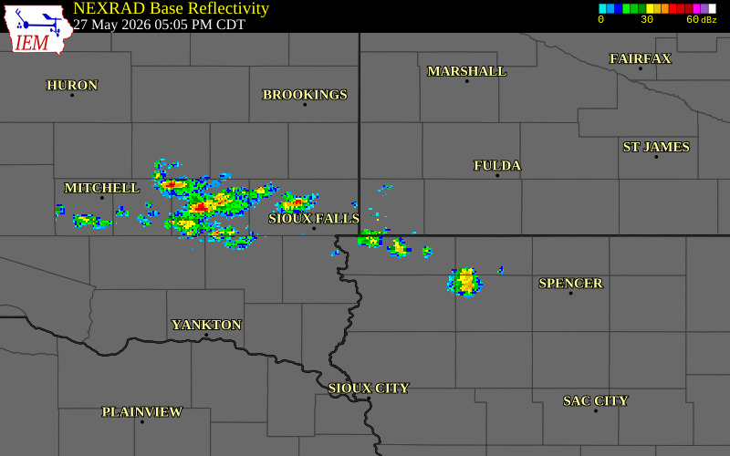 NEXRAD radar during the Wednesday, May 27, 2026 storm activity in Rock County, Minnesota