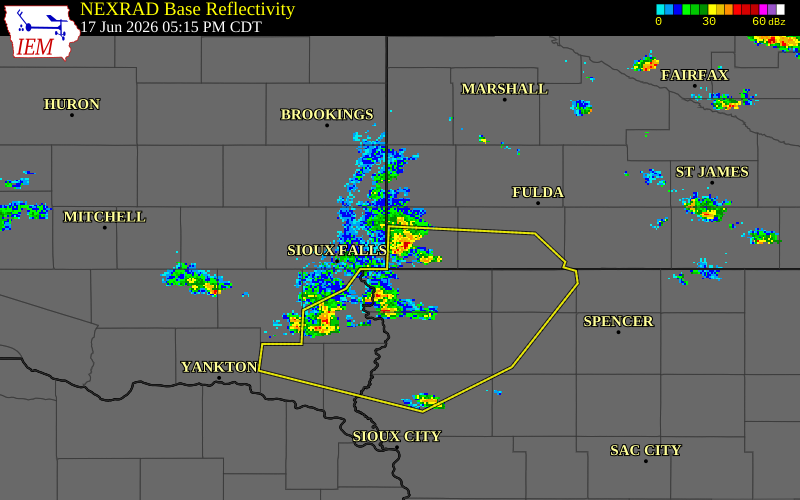 NEXRAD radar during the Wednesday, June 17, 2026 storm activity in Rock County, Minnesota