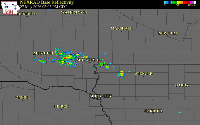 Radar snapshot during the May 27, 2026 tornado event near 4 WNW Hills, Rock County, Minnesota, with NWS warning polygons