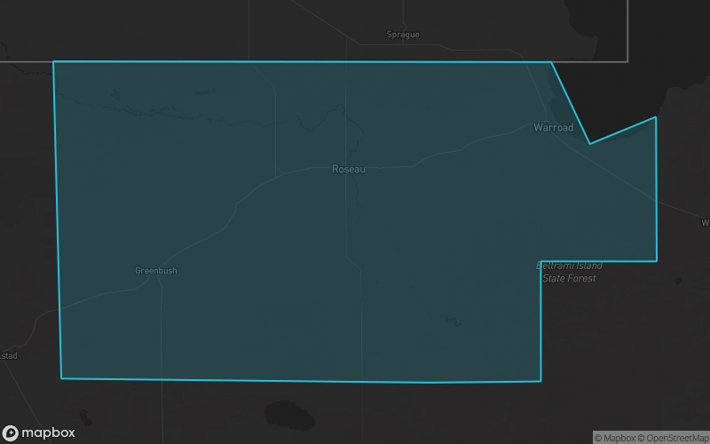 Map of Roseau County, Minnesota showing the county boundary and surrounding cities