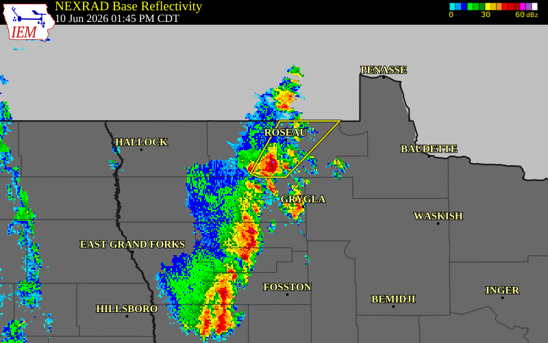 NEXRAD radar during the Wednesday, June 10, 2026 storm activity in Roseau County, Minnesota