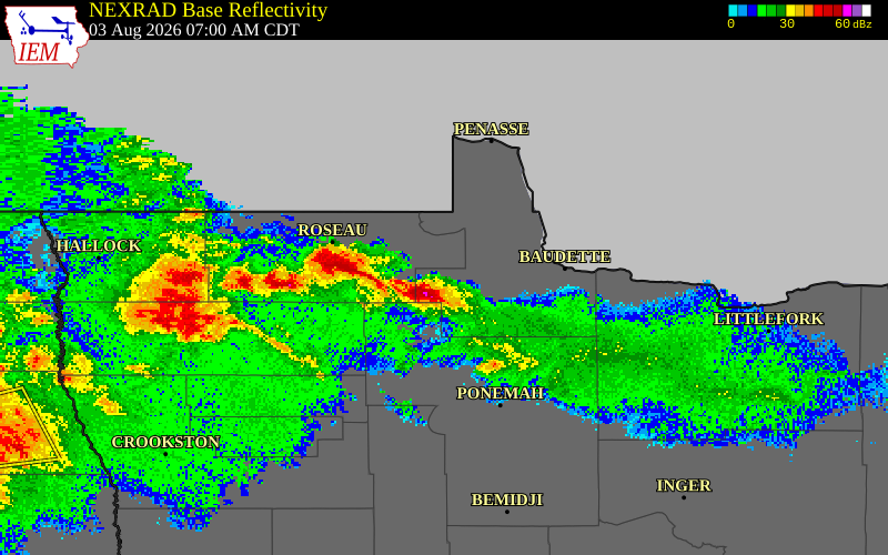 NEXRAD radar during the Monday, August 3, 2026 storm activity in Roseau County, Minnesota