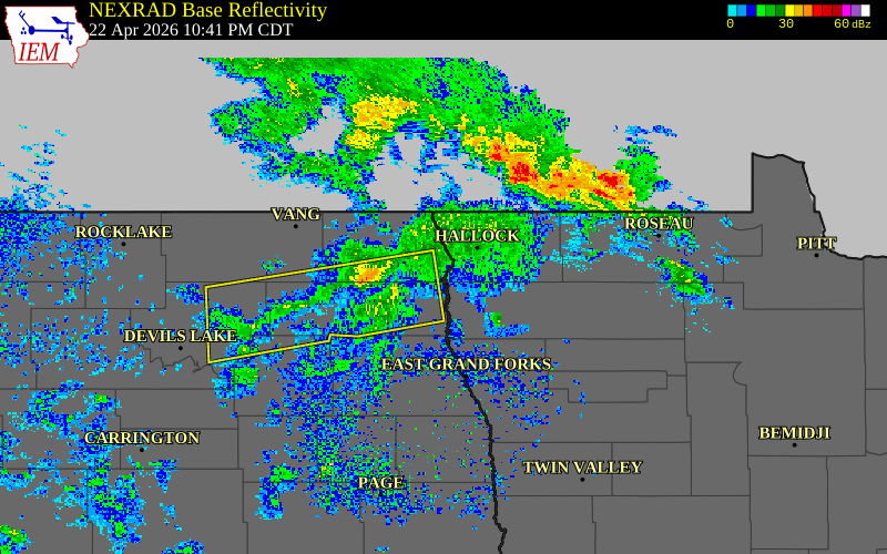 Radar snapshot during the Apr 22, 2026 wind event near Roseau County, Roseau County, Minnesota, with NWS warning polygons