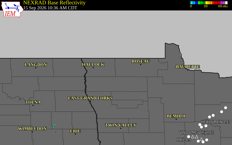 Current NEXRAD radar over Roseau County, Minnesota with recent storm report locations
