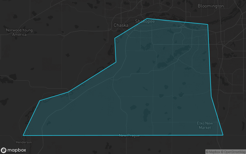 Map of Scott County, Minnesota showing the county boundary and surrounding cities