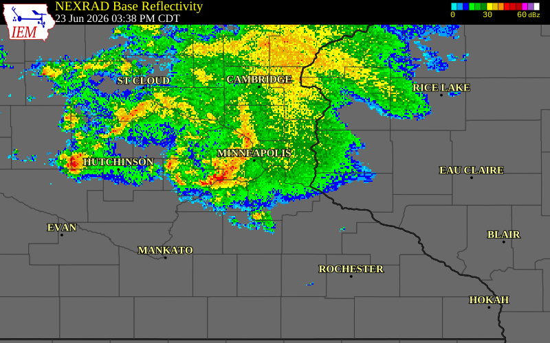 NEXRAD radar during the Tuesday, June 23, 2026 storm activity in Scott County, Minnesota