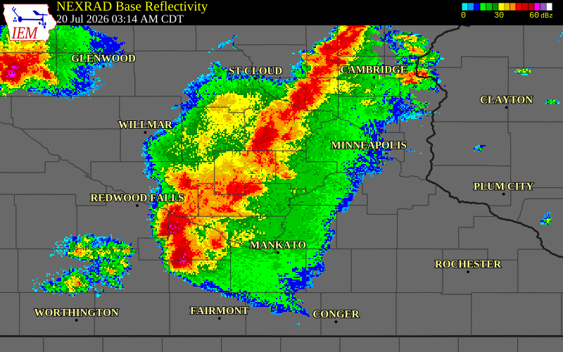 NEXRAD radar during the Monday, July 20, 2026 storm activity in Scott County, Minnesota