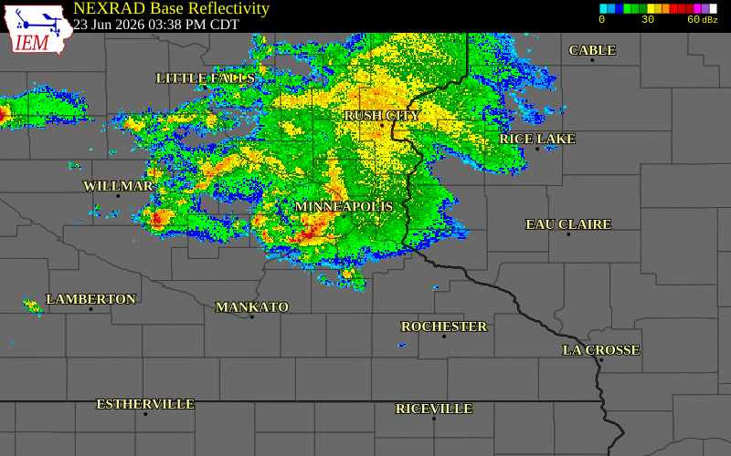 Radar snapshot during the Jun 23, 2026 wind event near Scott County, Scott County, Minnesota, with NWS warning polygons