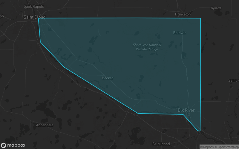 Map of Sherburne County, Minnesota showing the county boundary and surrounding cities