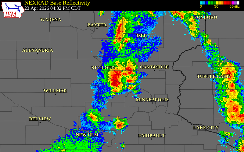 NEXRAD radar during the Thursday, April 23, 2026 storm activity in Sherburne County, Minnesota