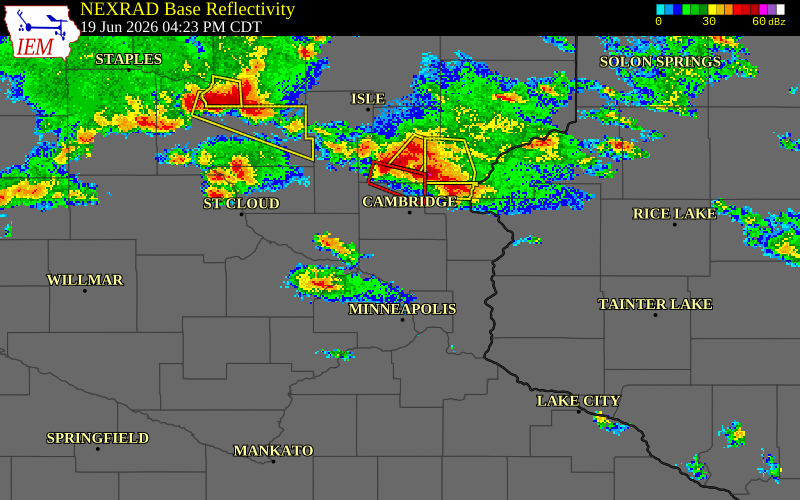 NEXRAD radar during the Friday, June 19, 2026 storm activity in Sherburne County, Minnesota