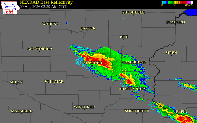NEXRAD radar during the Sunday, August 9, 2026 storm activity in Sherburne County, Minnesota