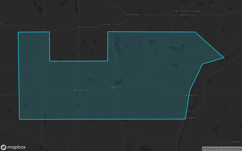 Map of Sibley County, Minnesota showing the county boundary and surrounding cities