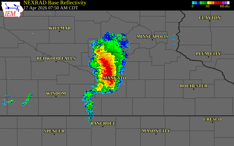 NEXRAD radar during the Friday, April 17, 2026 storm activity in Sibley County, Minnesota