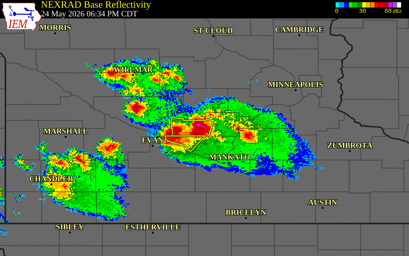 NEXRAD radar during the Sunday, May 24, 2026 storm activity in Sibley County, Minnesota