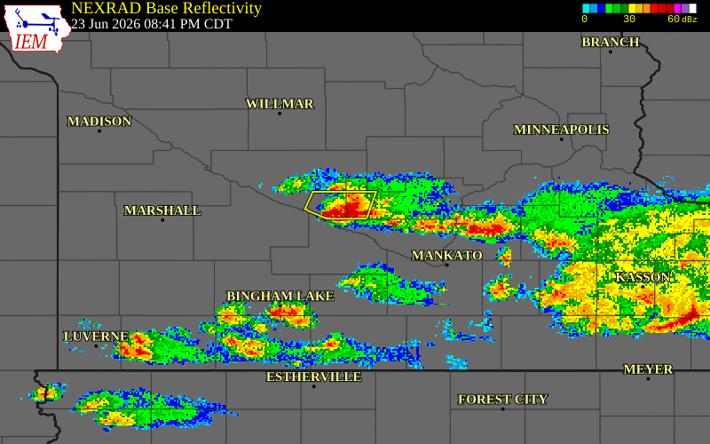 NEXRAD radar during the Tuesday, June 23, 2026 storm activity in Sibley County, Minnesota