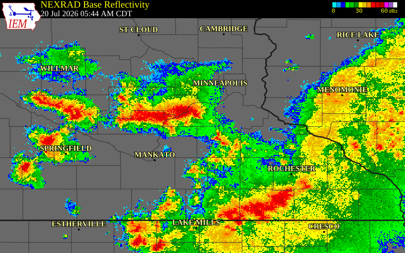 NEXRAD radar during the Monday, July 20, 2026 storm activity in Sibley County, Minnesota