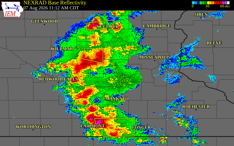 NEXRAD radar during the Friday, August 7, 2026 storm activity in Sibley County, Minnesota