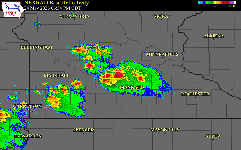 Radar snapshot during the May 24, 2026 hail event near 2 W Gaylord, Sibley County, Minnesota, with NWS warning polygons