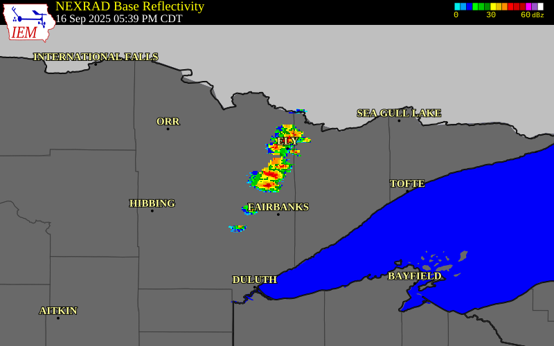 NEXRAD radar during the Tuesday, September 16, 2025 storm activity in St. Louis County, Minnesota