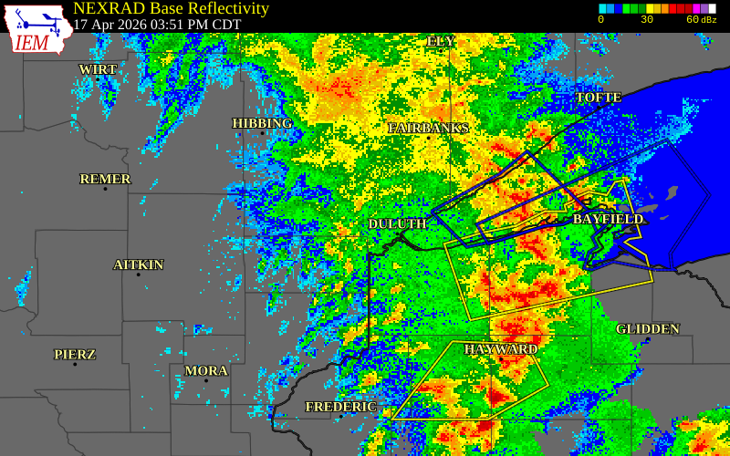 NEXRAD radar during the Friday, April 17, 2026 storm activity in St. Louis County, Minnesota
