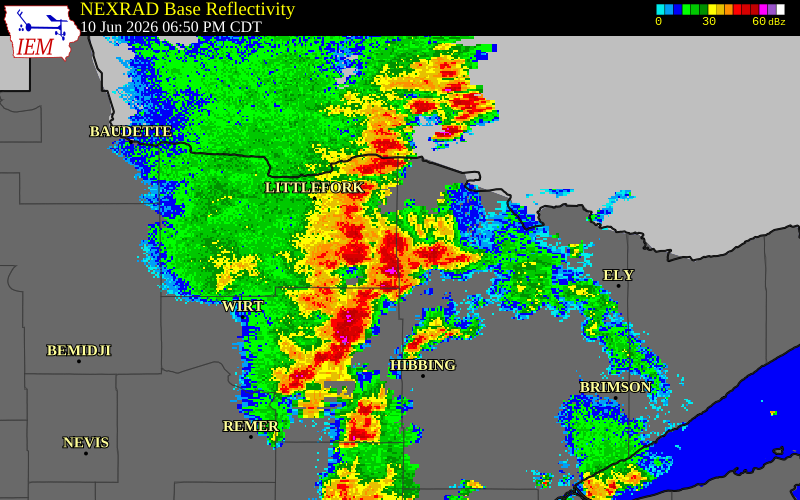 NEXRAD radar during the Wednesday, June 10, 2026 storm activity in St. Louis County, Minnesota