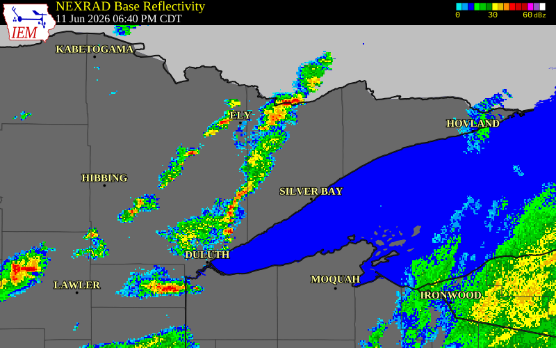NEXRAD radar during the Thursday, June 11, 2026 storm activity in St. Louis County, Minnesota