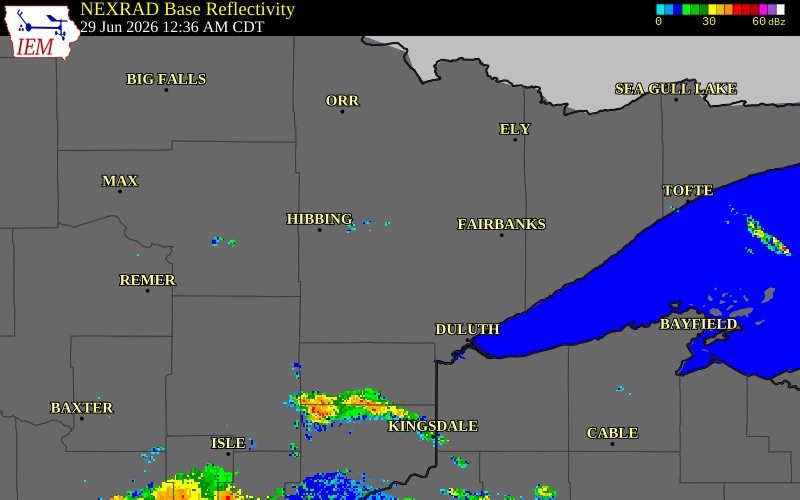 NEXRAD radar during the Monday, June 29, 2026 storm activity in St. Louis County, Minnesota