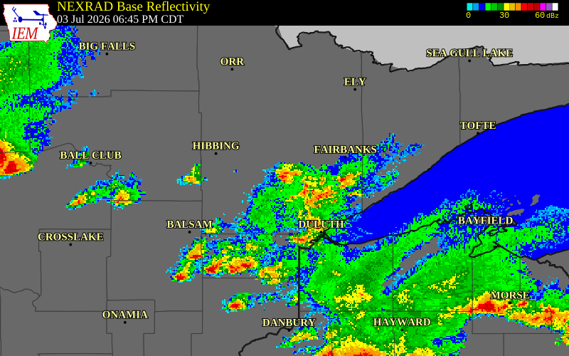NEXRAD radar during the Friday, July 3, 2026 storm activity in St. Louis County, Minnesota
