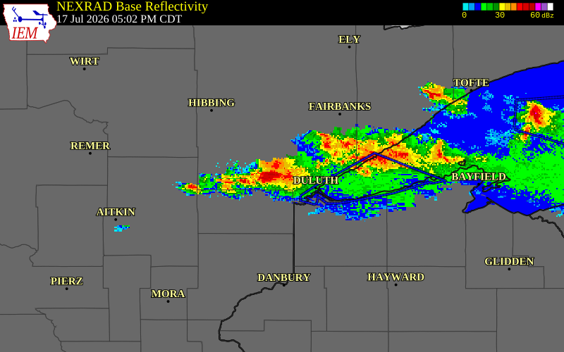 NEXRAD radar during the Friday, July 17, 2026 storm activity in St. Louis County, Minnesota
