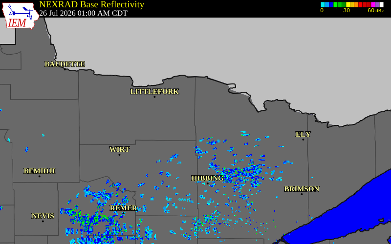 NEXRAD radar during the Sunday, July 26, 2026 storm activity in St. Louis County, Minnesota