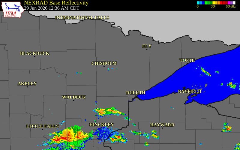 Radar snapshot during the Jun 29, 2026 tornado event near 5 ESE Zim, St. Louis County, Minnesota, with NWS warning polygons