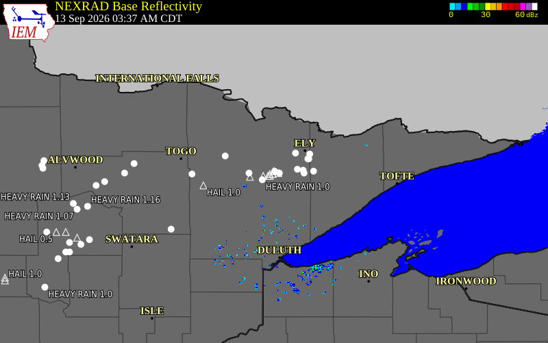 Current NEXRAD radar over St. Louis County, Minnesota with recent storm report locations