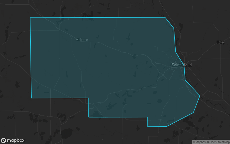 Map of Stearns County, Minnesota showing the county boundary and surrounding cities