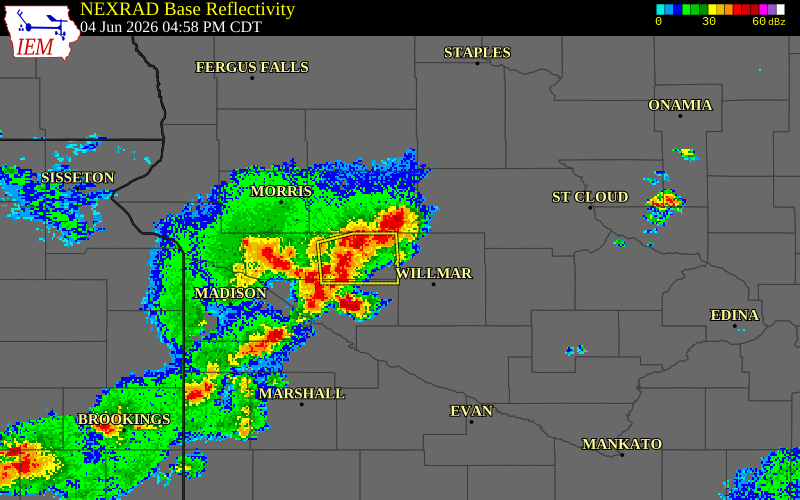 NEXRAD radar during the Thursday, June 4, 2026 storm activity in Stearns County, Minnesota