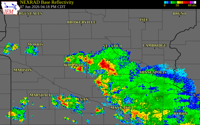 NEXRAD radar during the Sunday, June 7, 2026 storm activity in Stearns County, Minnesota