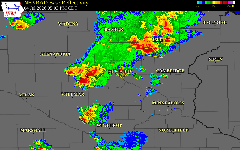 NEXRAD radar during the Saturday, July 4, 2026 storm activity in Stearns County, Minnesota