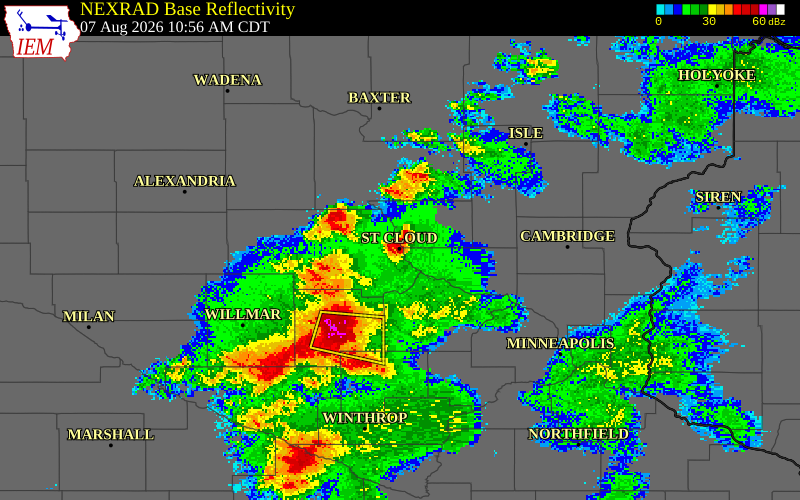 NEXRAD radar during the Friday, August 7, 2026 storm activity in Stearns County, Minnesota
