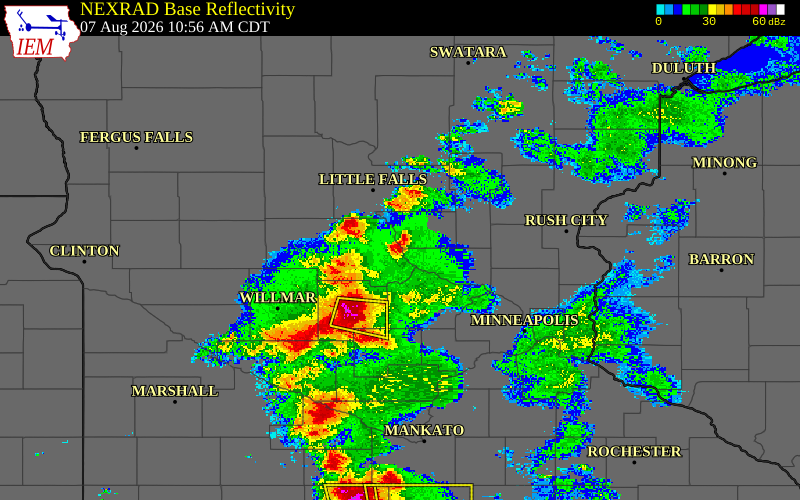 Radar snapshot during the Aug 7, 2026 hail event near St. Cloud, Stearns County, Minnesota, with NWS warning polygons