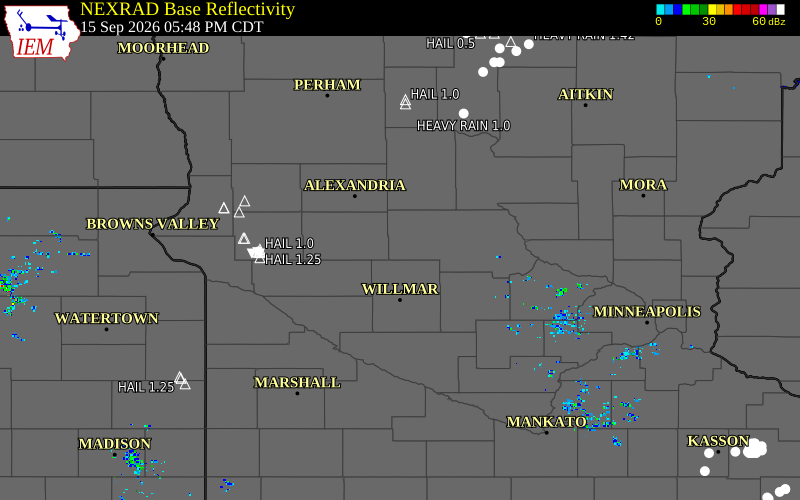 Current NEXRAD radar over Stearns County, Minnesota with recent storm report locations