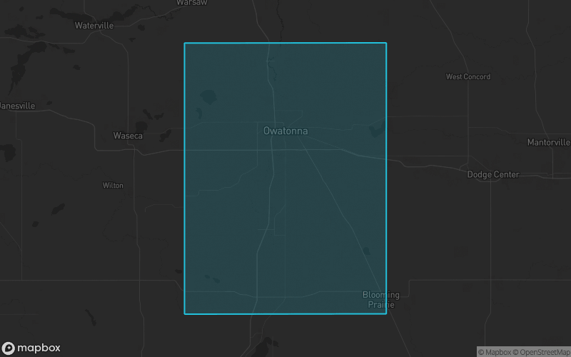 Map of Steele County, Minnesota showing the county boundary and surrounding cities
